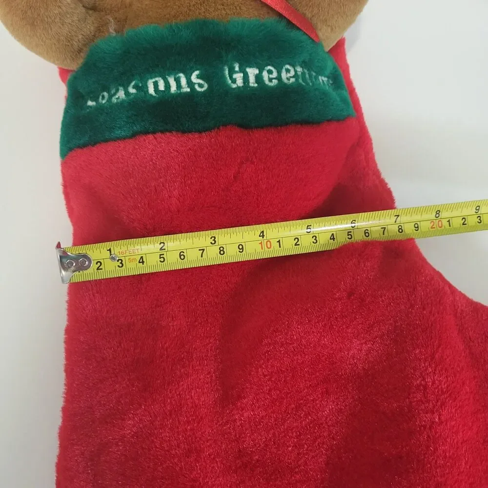 Christmas Stocking Reindeer Seasons Greetings Plush Vintage Red Green 17